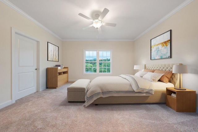 bedroom with light carpet, baseboards, a ceiling fan, and crown molding