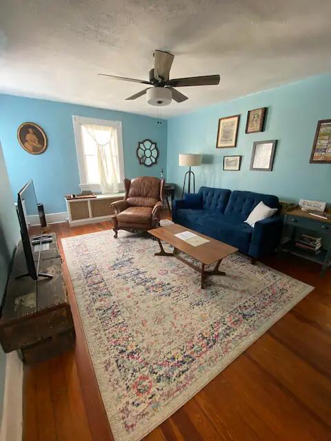 living room with ceiling fan and hardwood / wood-style floors