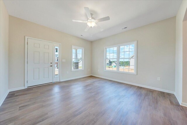 entryway featuring hardwood / wood-style floors and ceiling fan