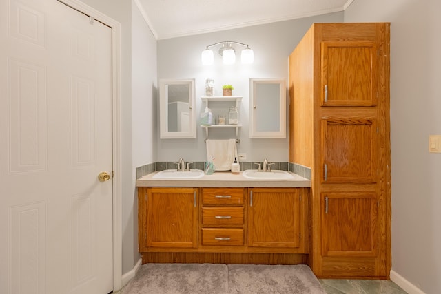 bathroom with ornamental molding, lofted ceiling, and vanity