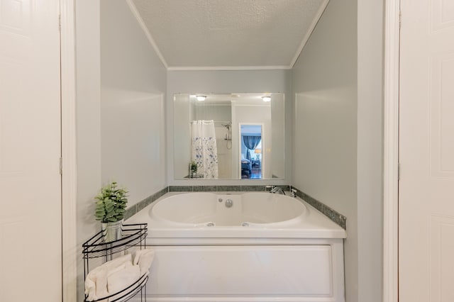 bathroom featuring crown molding, a textured ceiling, and separate shower and tub