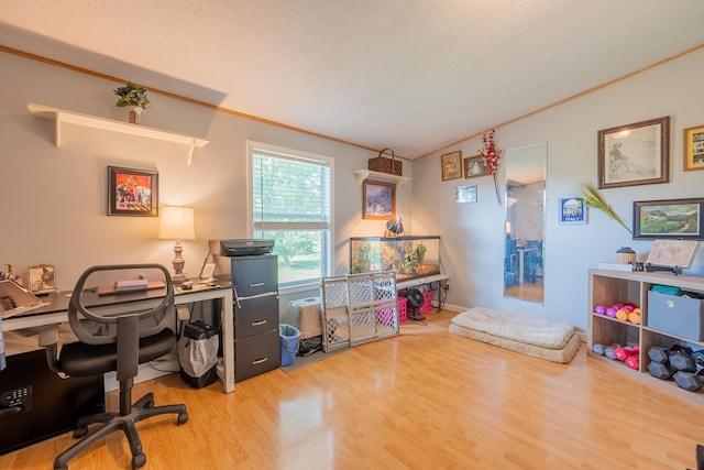 office featuring ornamental molding, vaulted ceiling, a textured ceiling, and light hardwood / wood-style flooring