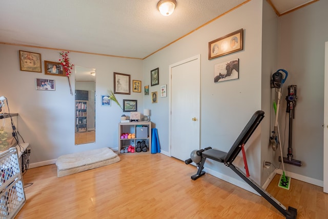 exercise room with ornamental molding, wood-type flooring, and a textured ceiling