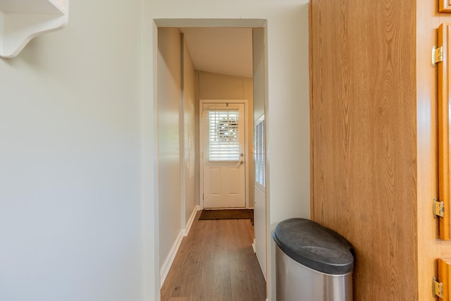 hall featuring hardwood / wood-style flooring and vaulted ceiling