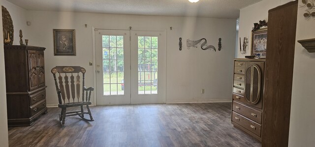 living area with dark hardwood / wood-style flooring and a textured ceiling