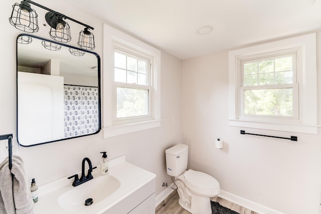 bathroom featuring vanity, toilet, plenty of natural light, and wood-type flooring