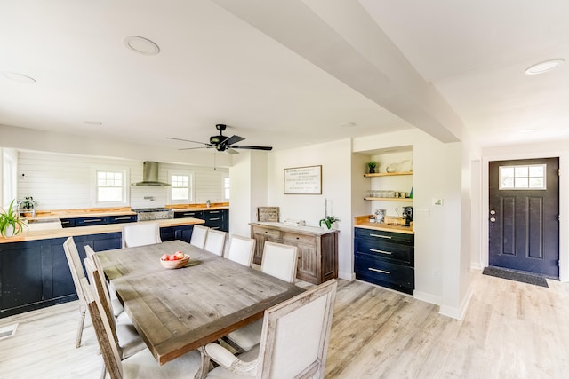 dining area with ceiling fan, plenty of natural light, sink, and light hardwood / wood-style flooring