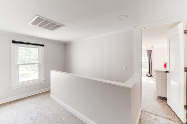 hallway featuring crown molding and light carpet