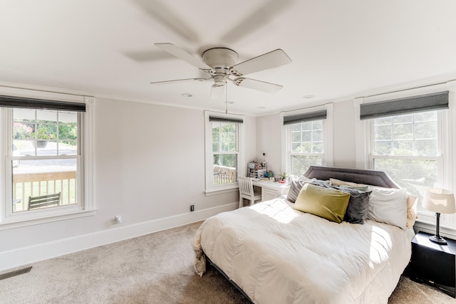 bedroom featuring ceiling fan, ornamental molding, and carpet floors