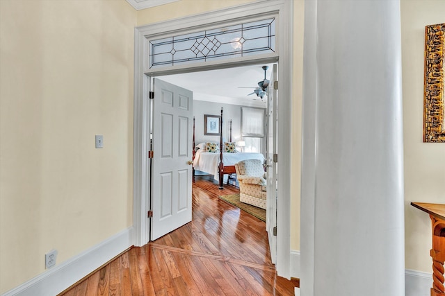 hall featuring light wood-type flooring and crown molding