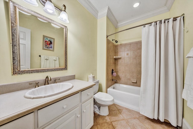 full bathroom featuring shower / bath combo with shower curtain, toilet, tile patterned floors, vanity, and crown molding