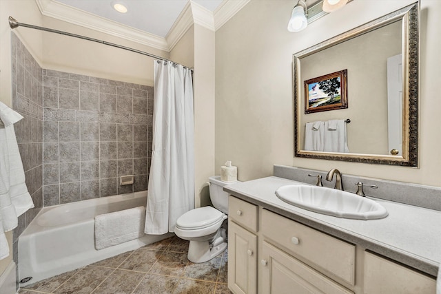 full bathroom featuring toilet, tile patterned floors, vanity, crown molding, and shower / tub combo