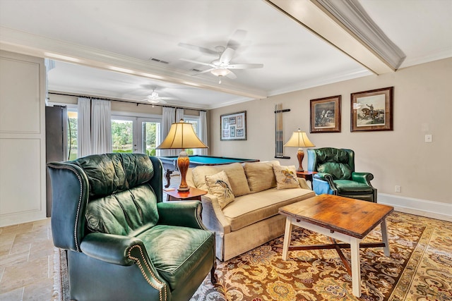 living room with ornamental molding, french doors, beamed ceiling, and ceiling fan