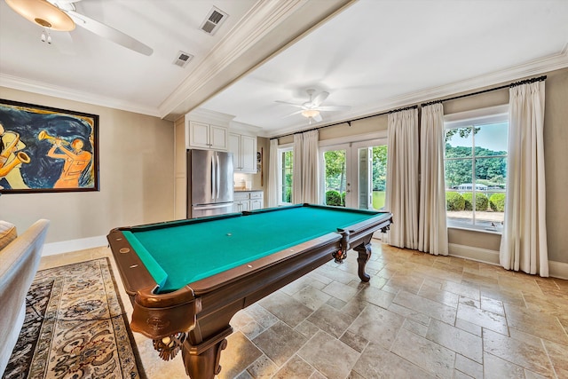 recreation room with ceiling fan, pool table, and ornamental molding