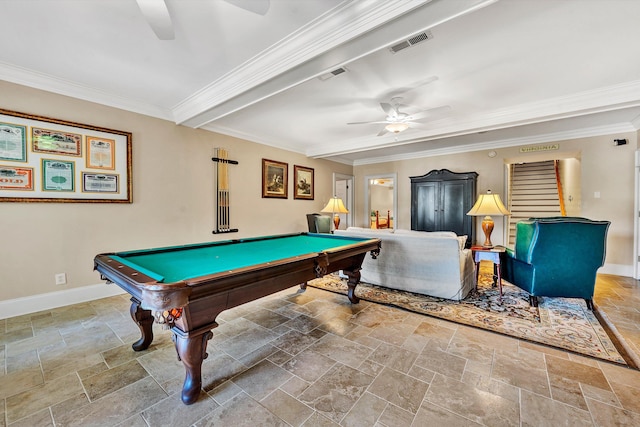 recreation room featuring ceiling fan, pool table, and ornamental molding