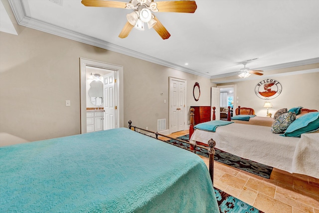 bedroom featuring ceiling fan and crown molding