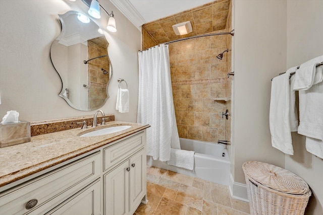 bathroom with vanity, shower / bath combination with curtain, and ornamental molding