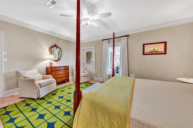 bedroom featuring ornamental molding, tile patterned floors, and ceiling fan