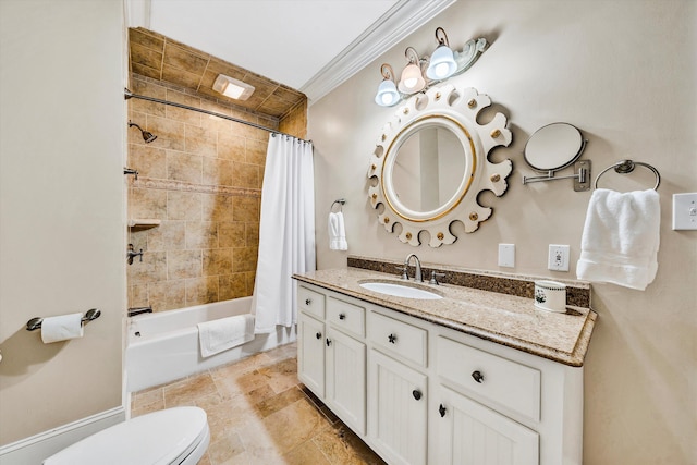 full bathroom with toilet, shower / bath combo, vanity, and ornamental molding