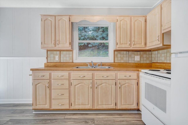 kitchen featuring white appliances, light hardwood / wood-style flooring, tasteful backsplash, light brown cabinetry, and sink