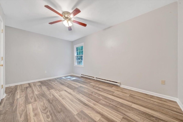 spare room with a baseboard radiator, light hardwood / wood-style floors, and ceiling fan