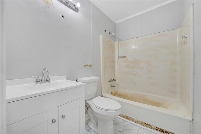 full bathroom with vanity, toilet, crown molding, and shower / washtub combination