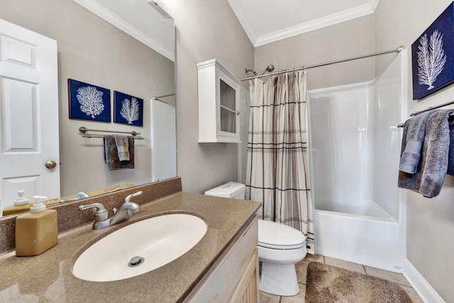 full bathroom featuring vanity, toilet, ornamental molding, tile patterned floors, and shower / bath combo with shower curtain