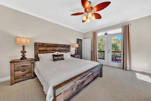 carpeted bedroom with access to exterior, ceiling fan, ornamental molding, and french doors