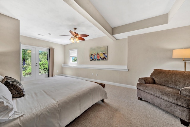 bedroom with french doors, access to exterior, ceiling fan, and carpet floors