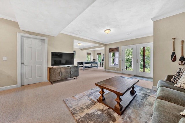 living room with carpet flooring and crown molding