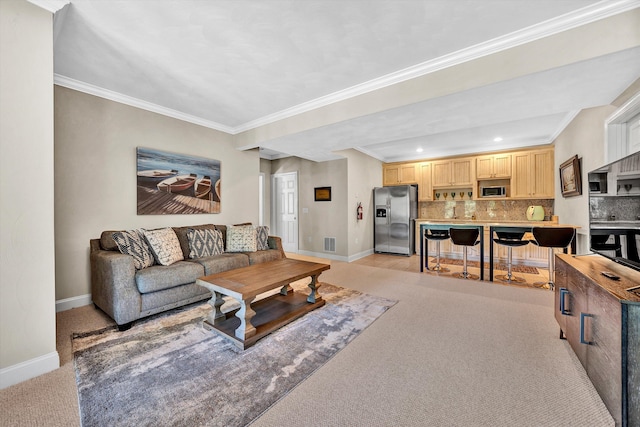 living room with light carpet and crown molding