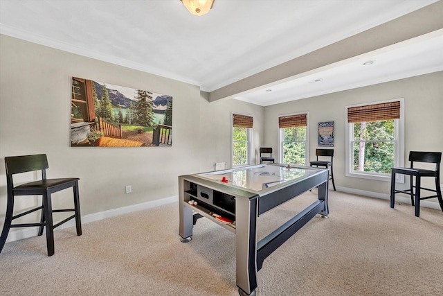 recreation room featuring light colored carpet and ornamental molding