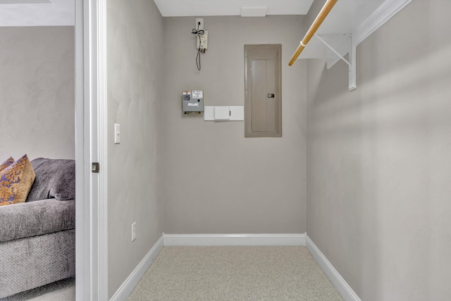 laundry room with electric panel and carpet