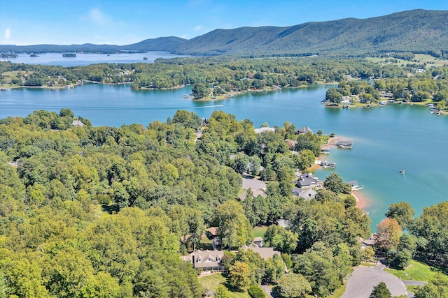 bird's eye view with a water and mountain view