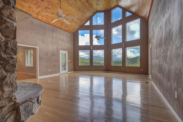 1782 Wolf Creek Rd, Narrows, VA 24124 - unfurnished living room featuring high vaulted ceiling, a ceiling fan, wooden ceiling, wood-type flooring, and baseboards