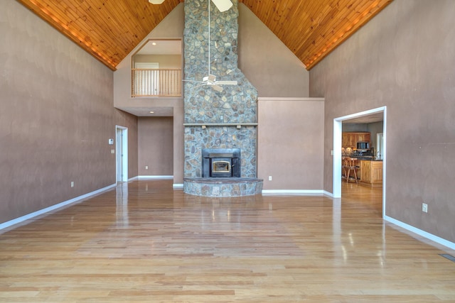 1782 Wolf Creek Rd, Narrows, VA 24124 - unfurnished living room with ceiling fan, high vaulted ceiling, wood finished floors, wood ceiling, and baseboards