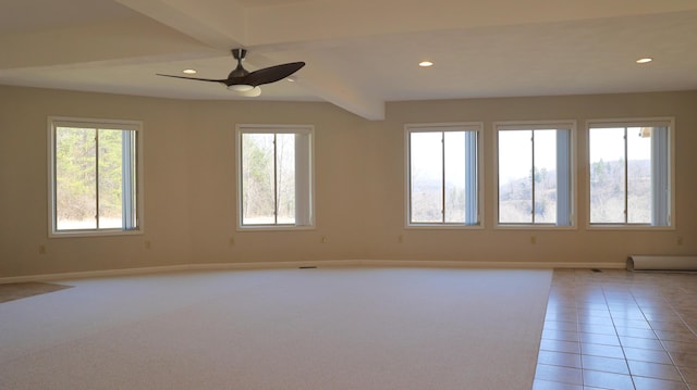 1782 Wolf Creek Rd, Narrows, VA 24124 - unfurnished room with ceiling fan, baseboards, recessed lighting, light colored carpet, and beam ceiling