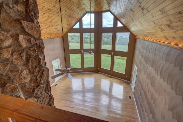 1782 Wolf Creek Rd, Narrows, VA 24124 - unfurnished living room with wooden ceiling, a ceiling fan, wood finished floors, and high vaulted ceiling