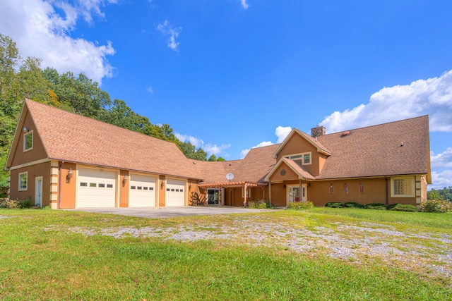 1782 Wolf Creek Rd, Narrows, VA 24124 - view of front of property featuring asphalt driveway, a front yard, a garage, stucco siding, and a chimney