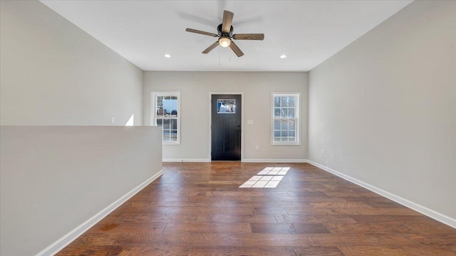 foyer entrance featuring recessed lighting, dark wood finished floors, a ceiling fan, and baseboards