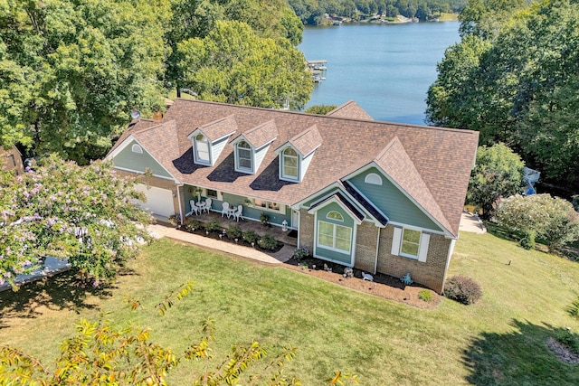 aerial view featuring a water view