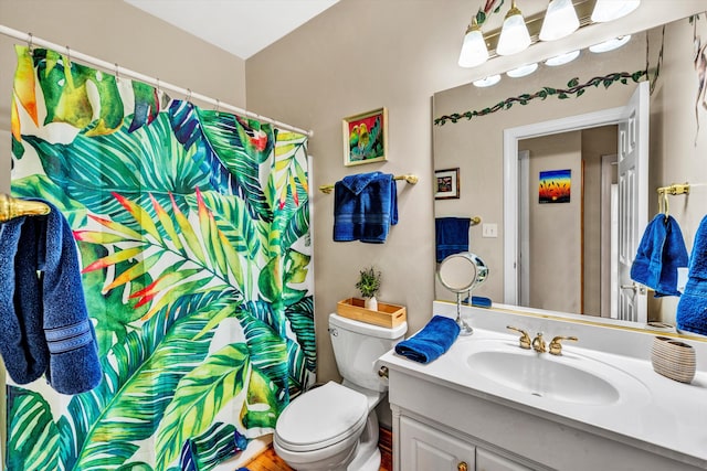 bathroom with vanity, toilet, and a shower with curtain