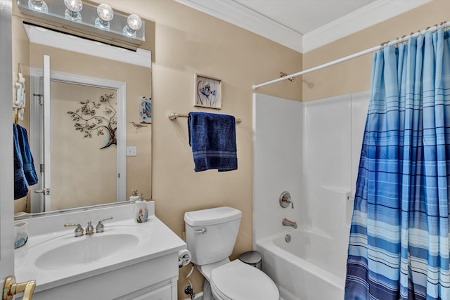 full bathroom with toilet, shower / tub combo, crown molding, and vanity