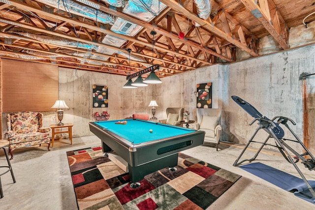 playroom with billiards and concrete floors