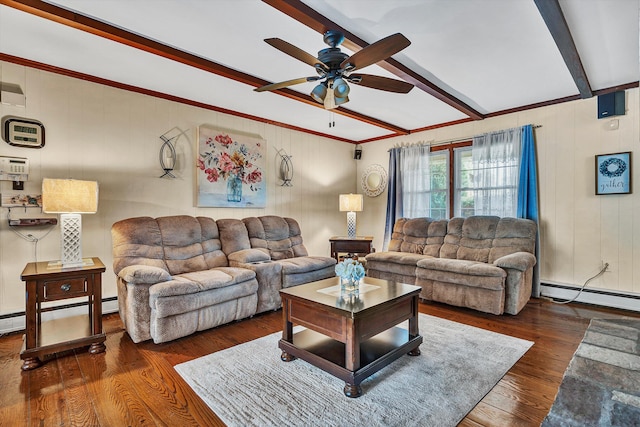 living room featuring beamed ceiling, ceiling fan, baseboard heating, and dark hardwood / wood-style floors