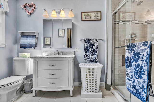 bathroom featuring tile patterned flooring, walk in shower, vanity, and toilet