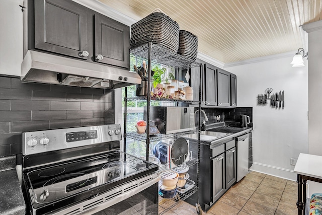 kitchen featuring appliances with stainless steel finishes, wood ceiling, tasteful backsplash, ornamental molding, and sink