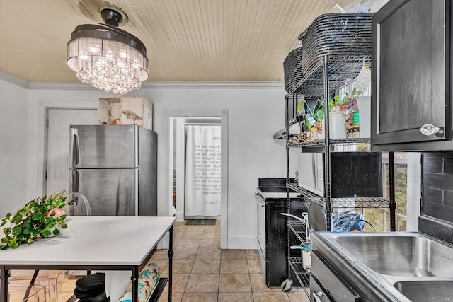 kitchen with stainless steel refrigerator, an inviting chandelier, crown molding, black range with electric cooktop, and wooden ceiling