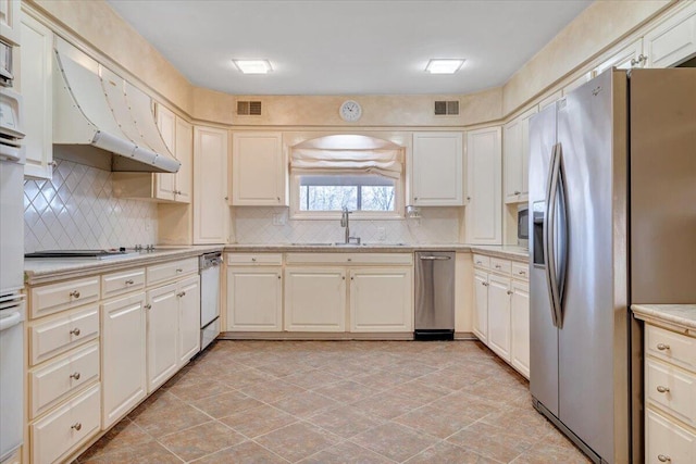 kitchen featuring appliances with stainless steel finishes, backsplash, ventilation hood, and sink