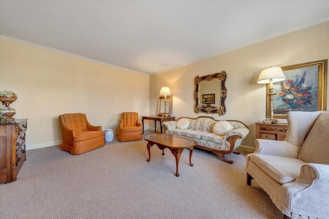 carpeted living room with ornamental molding